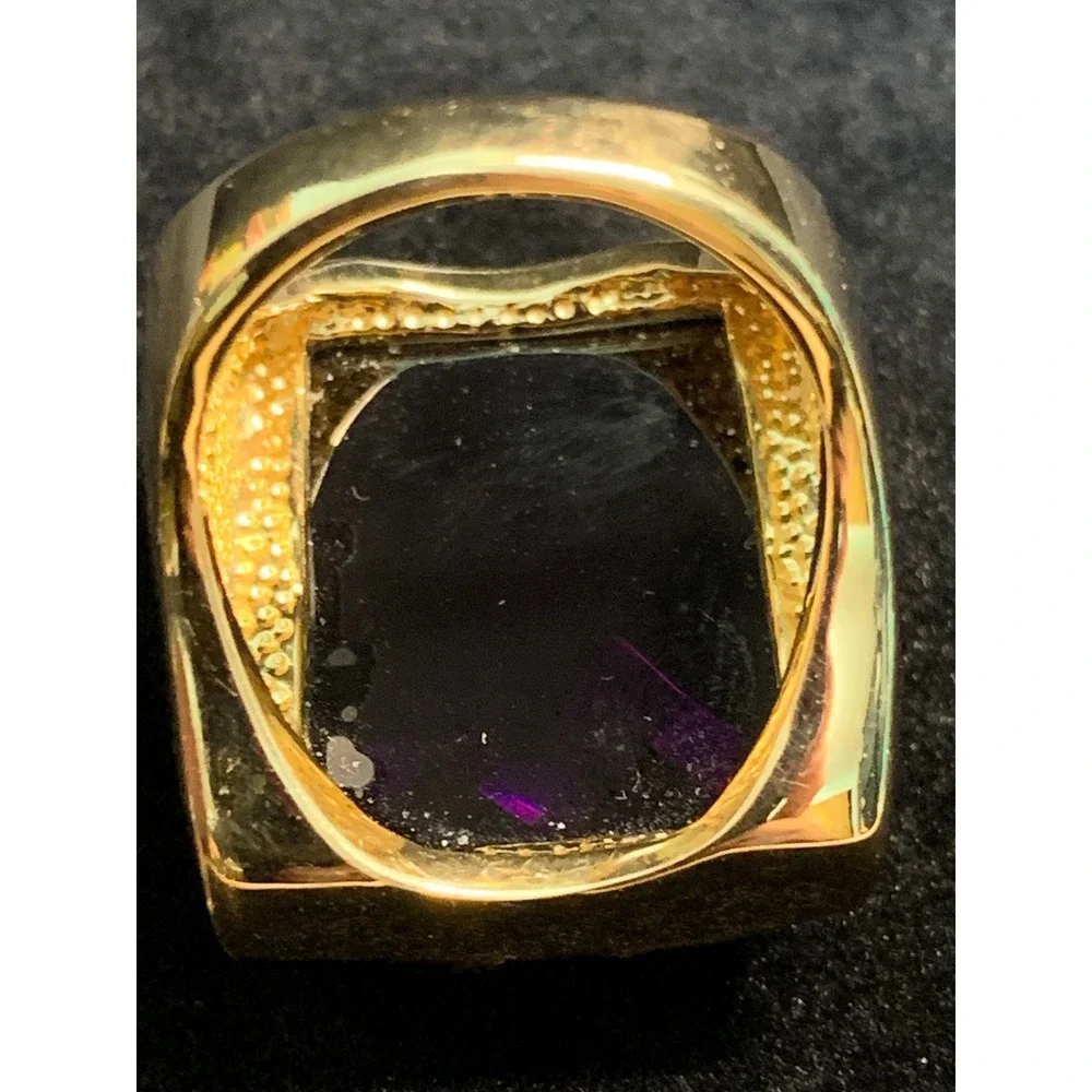 Gold Tone Purple Checkerboard Facet Statement Cocktail Ring Size 9.25